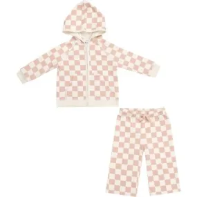 Angel Dear French Terry Checkerboard Pink Zip Hoodie + Wide Leg Pant, Pink