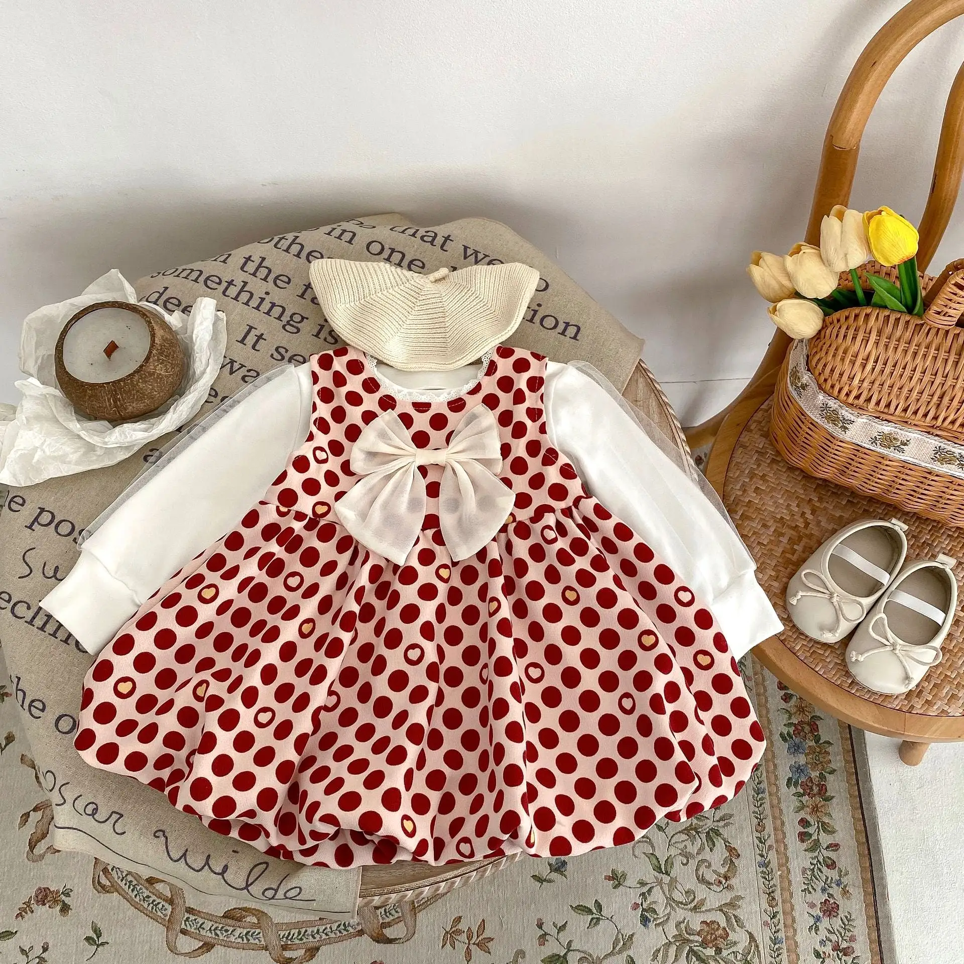 Baby Kid Girls Solid Color Polka dots Bow Tops Dresses Wholesale 230828362