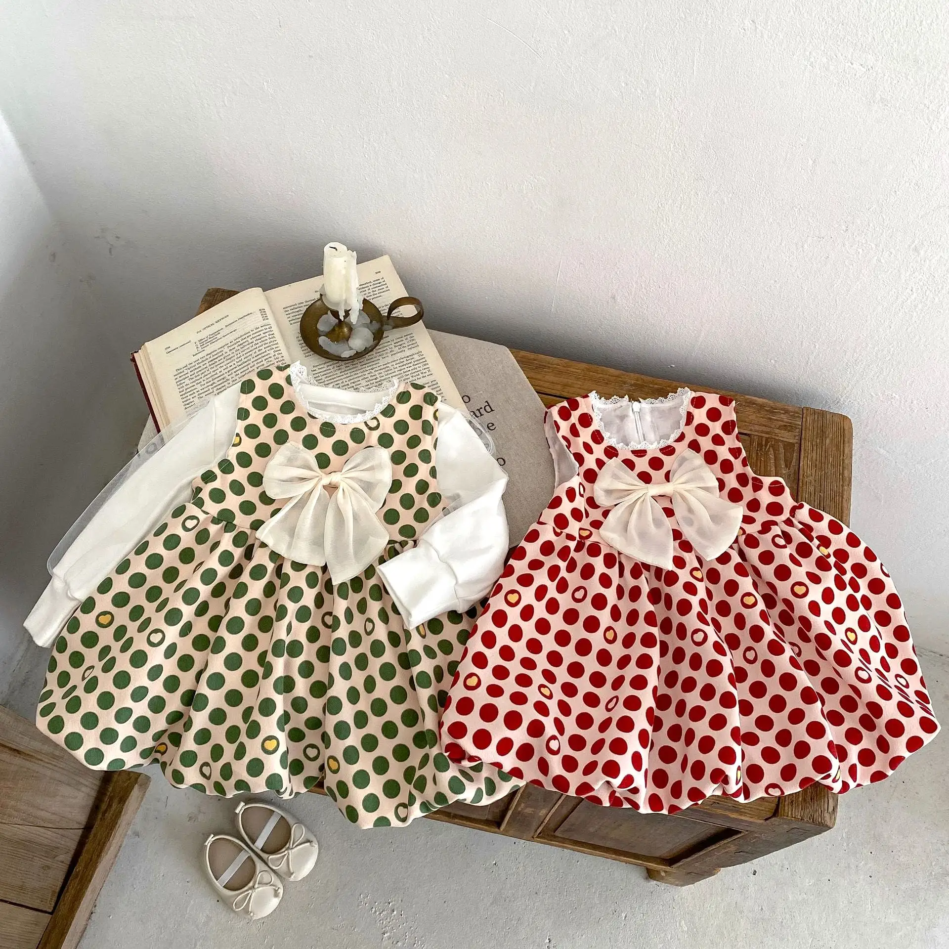 Baby Kid Girls Solid Color Polka dots Bow Tops Dresses Wholesale 230828362