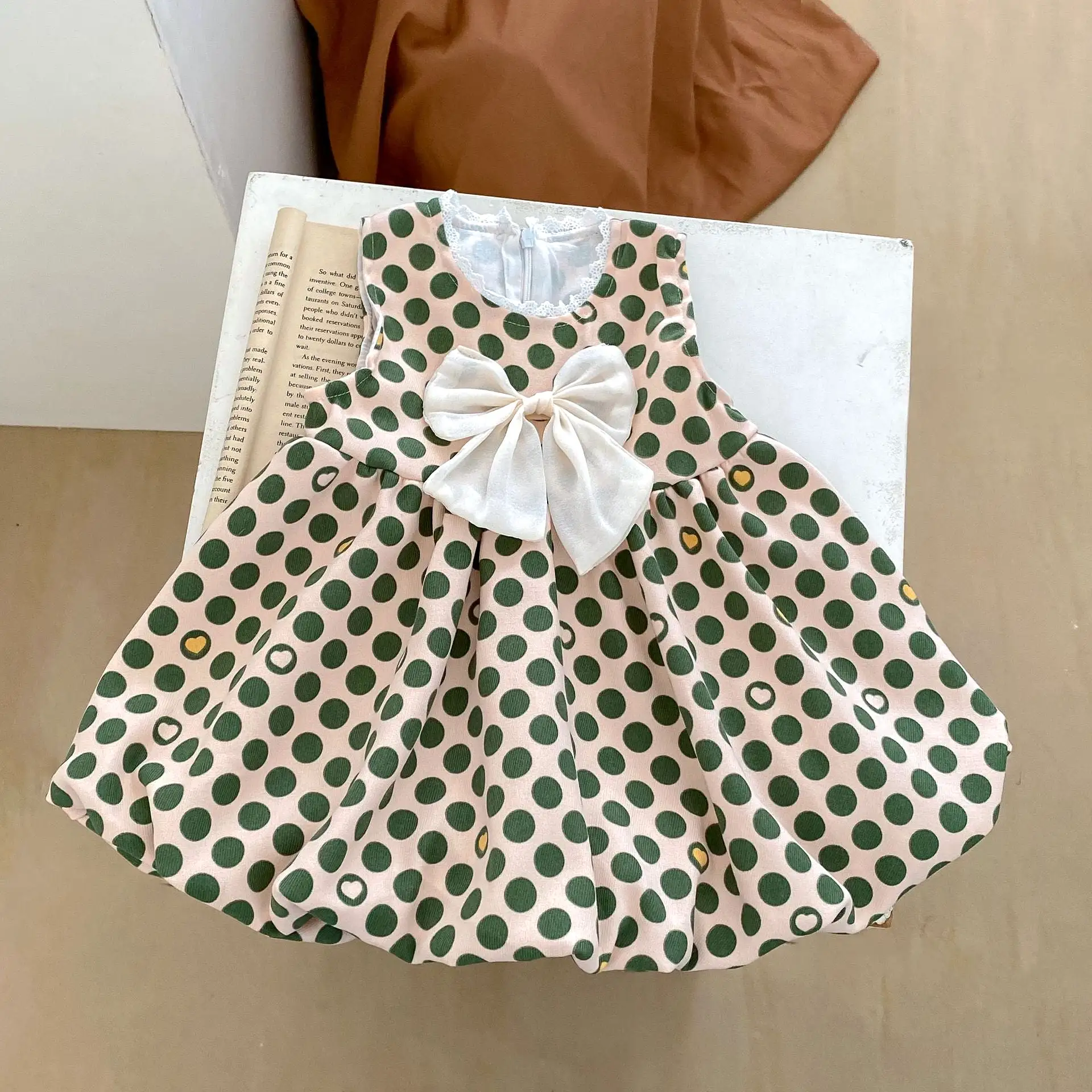 Baby Kid Girls Solid Color Polka dots Bow Tops Dresses Wholesale 230828362