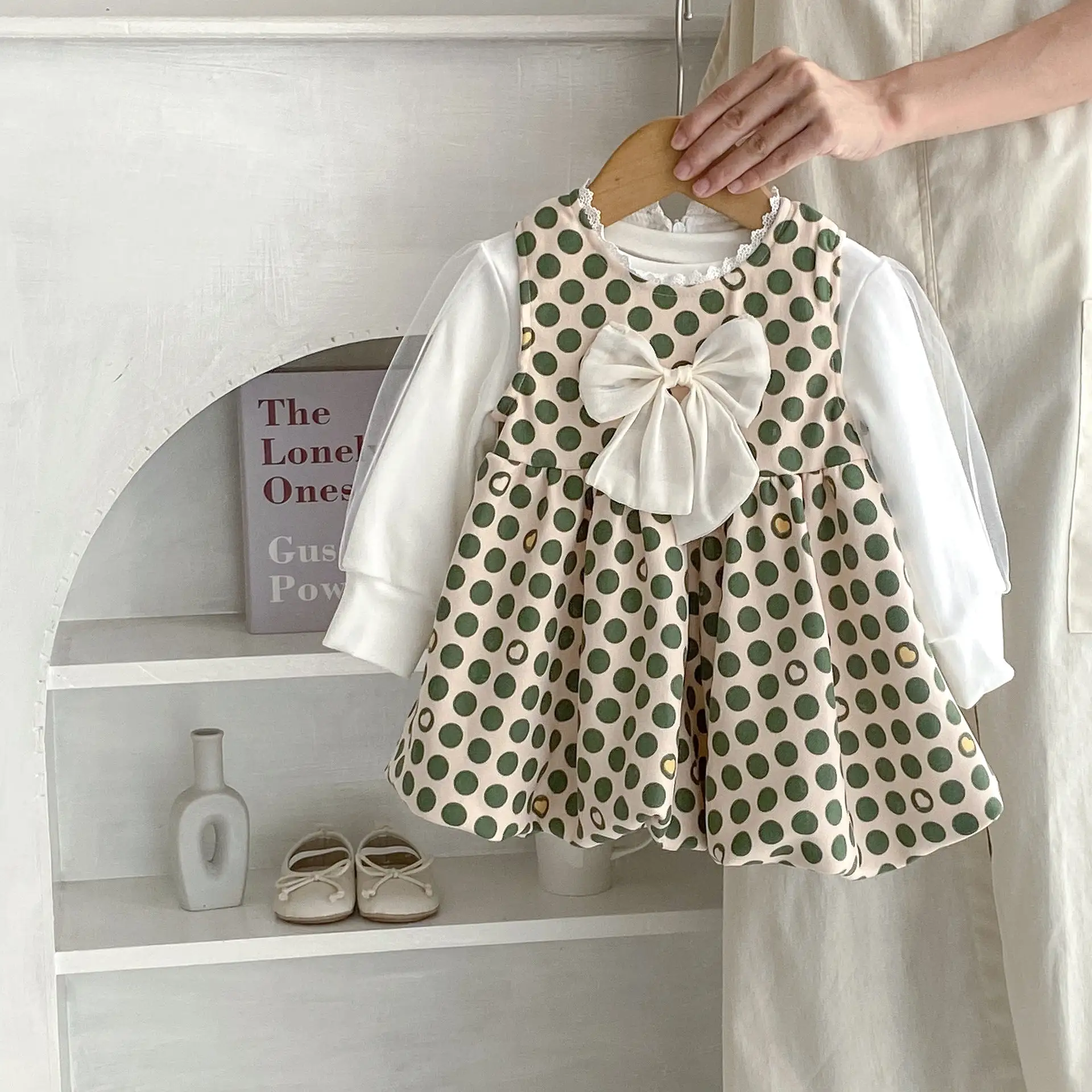 Baby Kid Girls Solid Color Polka dots Bow Tops Dresses Wholesale 230828362