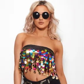 Beach Rave Festival Outfits Rainbow Beading Short Tanks Tube Dance Show Colorful Sequin Tassel Chiffon Crop Top