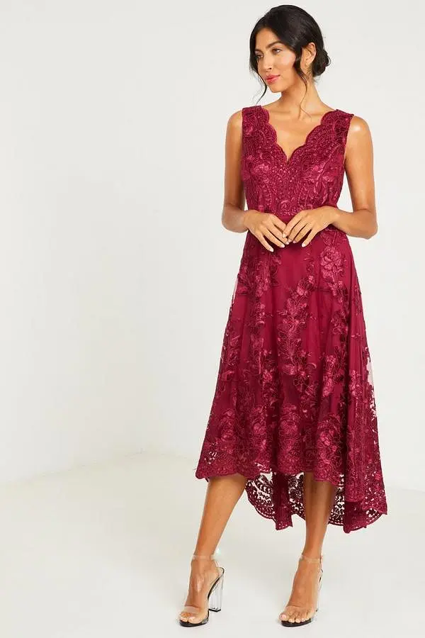 Berry Embroidered Dip Hem Dress