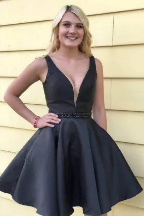 Black Plunge V neck Satin Short Prom Dress with Beading Waist