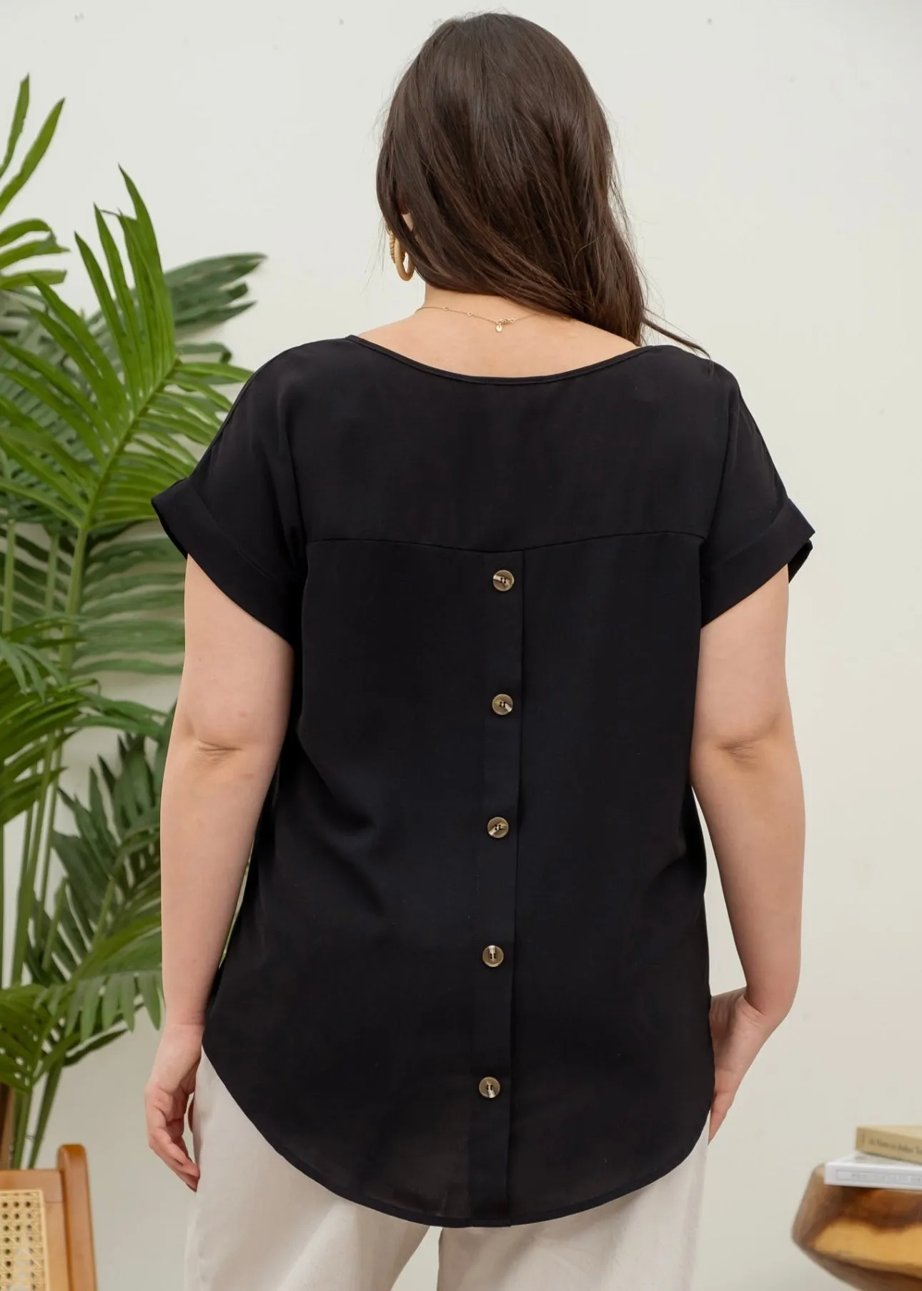 Black Split Neck Button Back Top