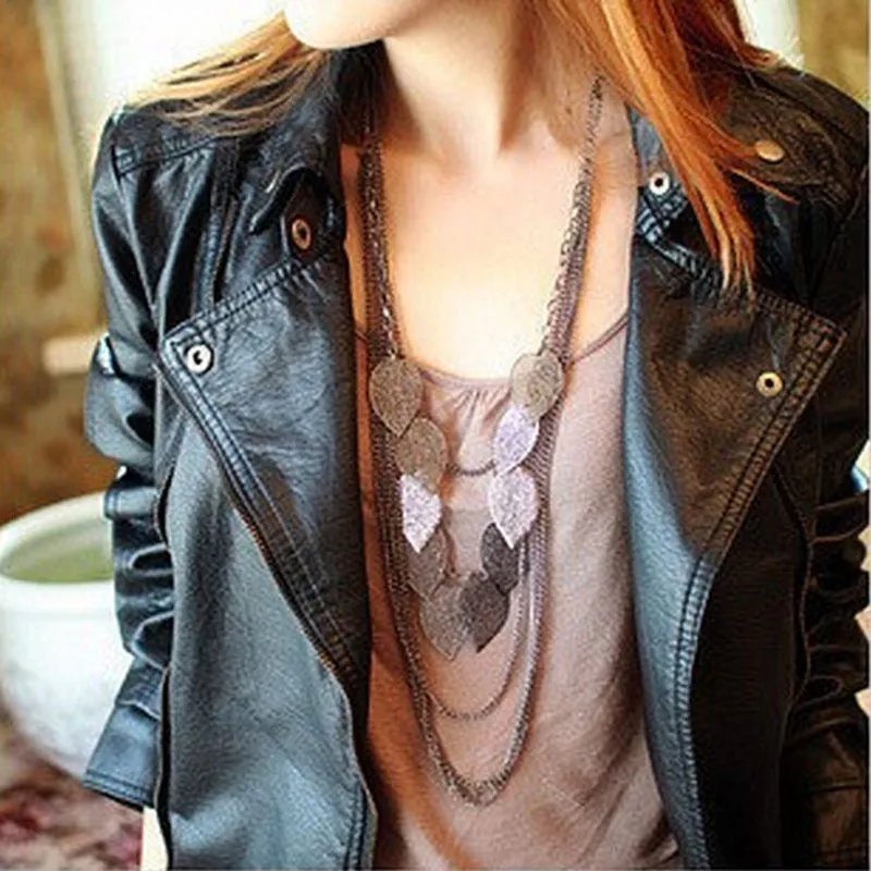 Bohemian Vintage Multi-Layer Long Sweater Necklace Pendant Chain Acrylic Neckace Jewelry For Women Leaves Necklace SM6