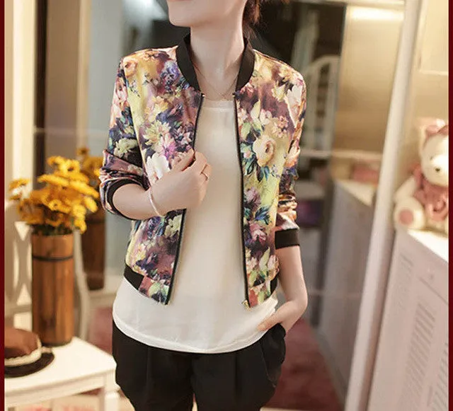 Bomber Jacket Long Sleeves Baseball Jacket Autumn Coat 2017 Flower Printing Fashion Leisure Women Stand Collar Blusas Mujer#B813