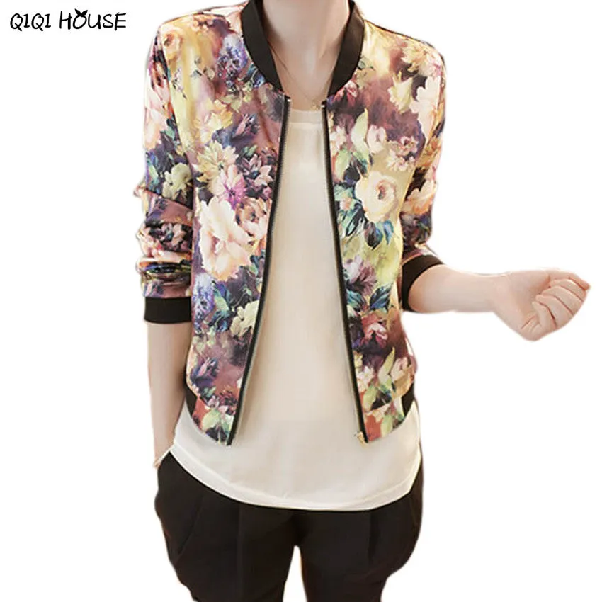 Bomber Jacket Long Sleeves Baseball Jacket Autumn Coat 2017 Flower Printing Fashion Leisure Women Stand Collar Blusas Mujer#B813