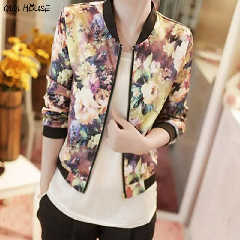 Bomber Jacket Long Sleeves Baseball Jacket Autumn Coat 2017 Flower Printing Fashion Leisure Women Stand Collar Blusas Mujer#B813