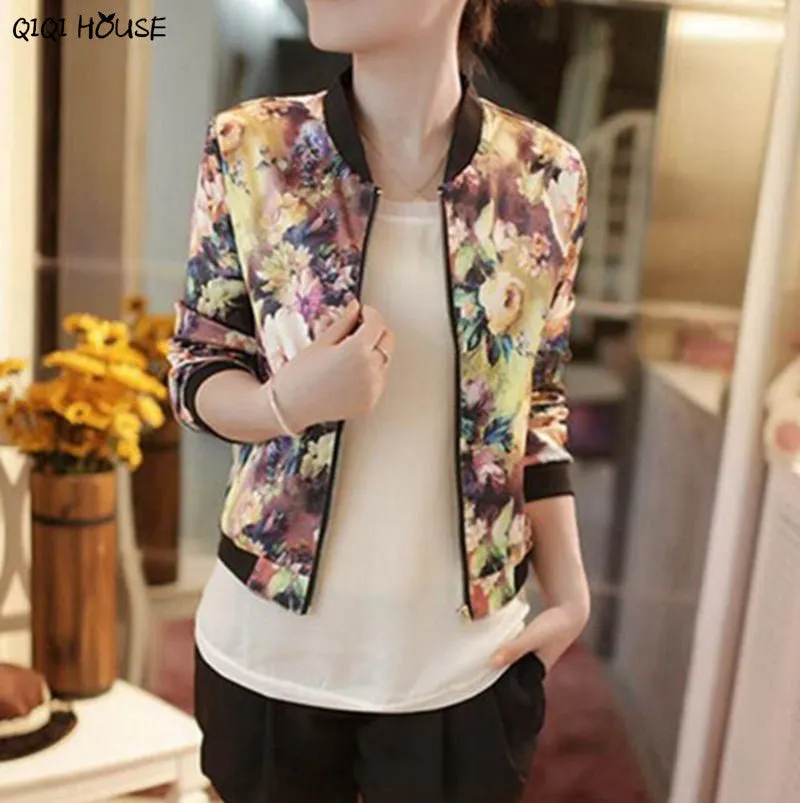 Bomber Jacket Long Sleeves Baseball Jacket Autumn Coat 2017 Flower Printing Fashion Leisure Women Stand Collar Blusas Mujer#B813