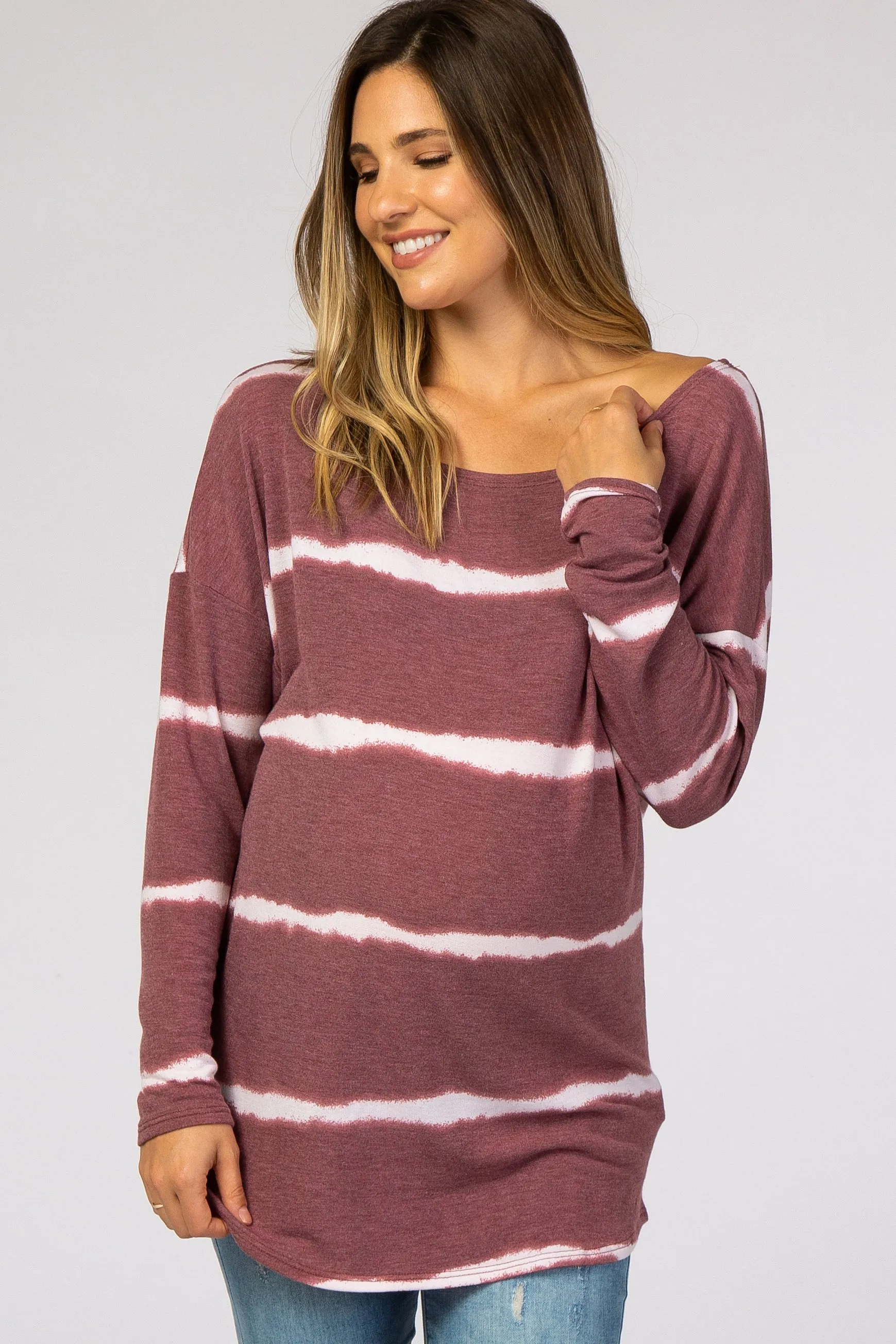 Burgundy Tie Dye Striped French Terry Maternity Top