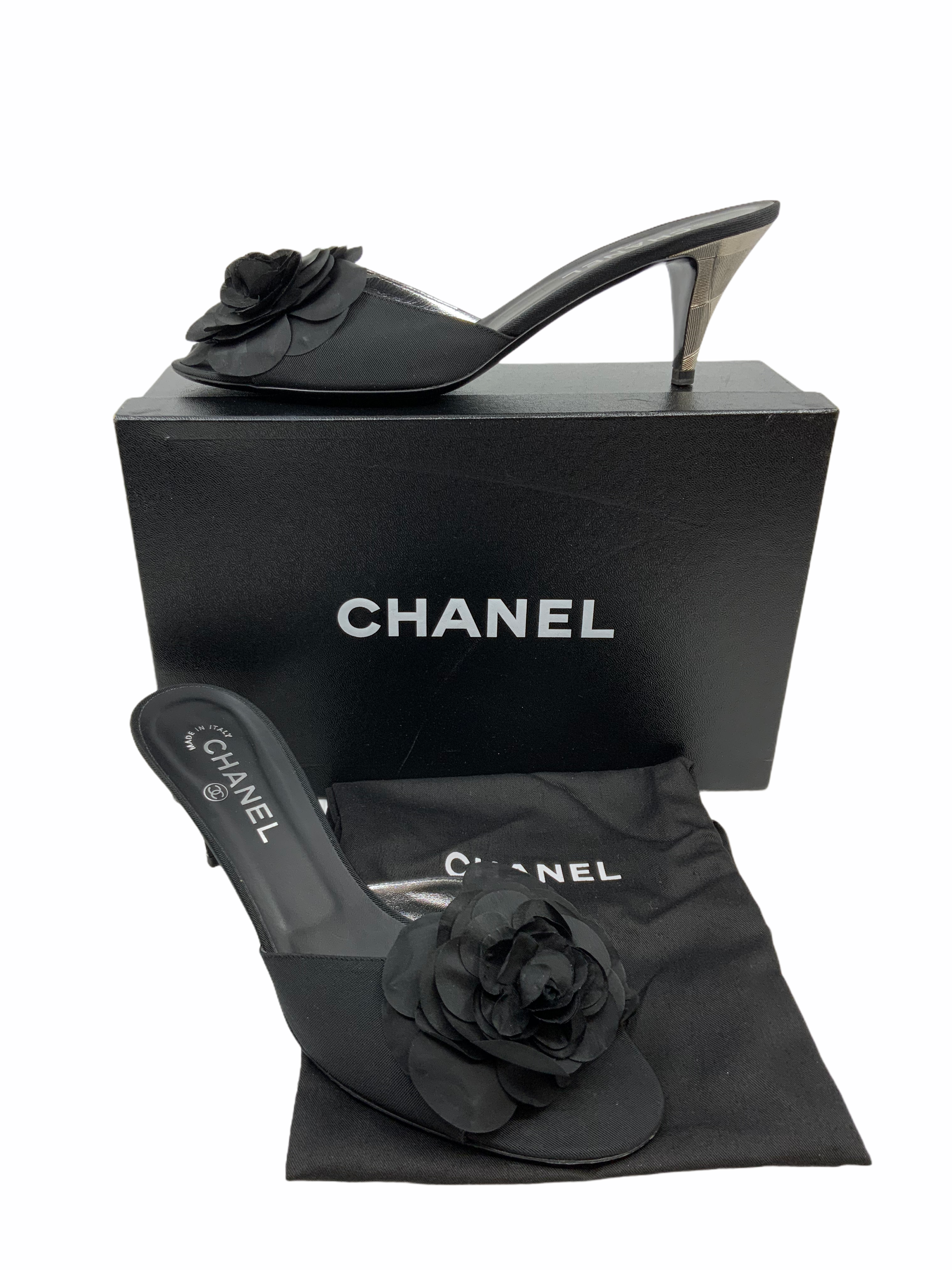 Chanel Silk Grosgrain Camellia Metal Heel Mules Size 11