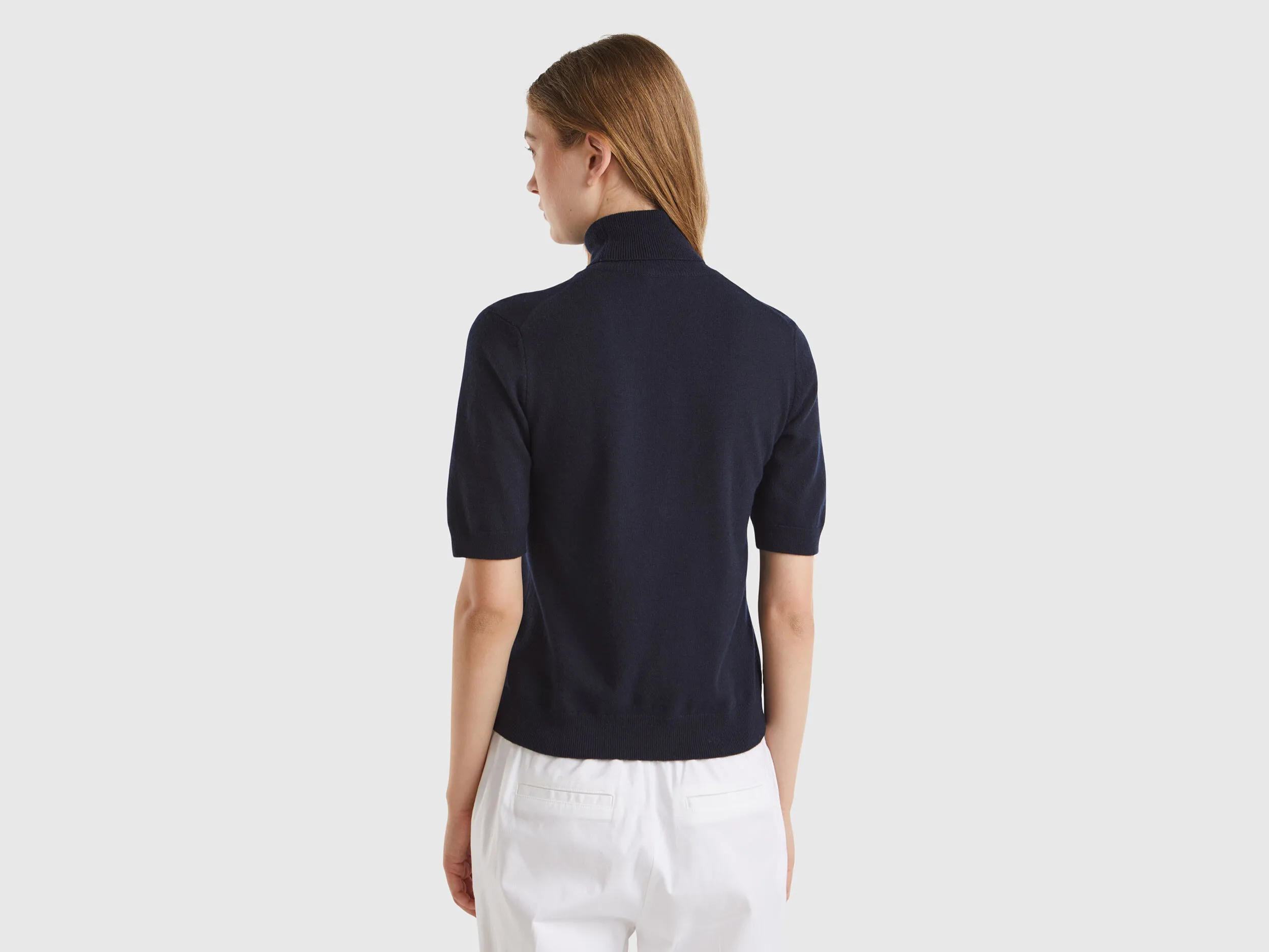 Dark blue short sleeve turtleneck in cashmere blend - Dark Blue | Benetton