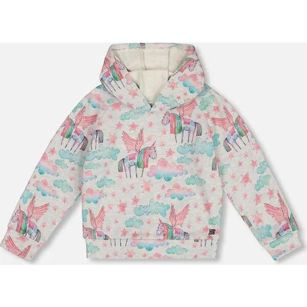 Deux par Deux Unicorn Print Shiny French Terry Hoodie, Gray Mix