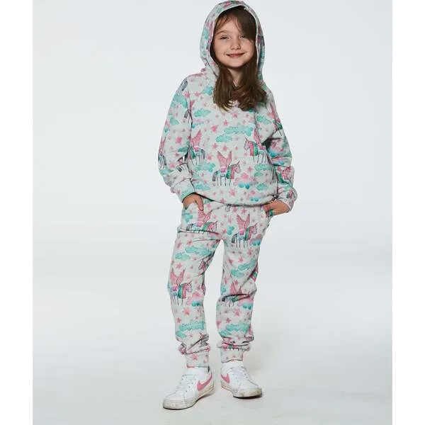 Deux par Deux Unicorn Print Shiny French Terry Hoodie, Gray Mix