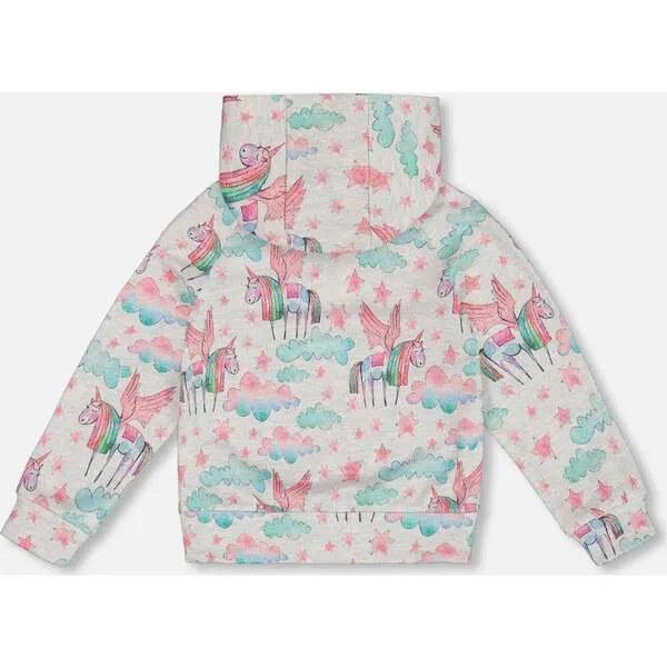 Deux par Deux Unicorn Print Shiny French Terry Hoodie, Gray Mix