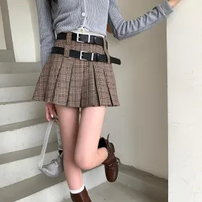 Double Belt Brown Pleat Skirt