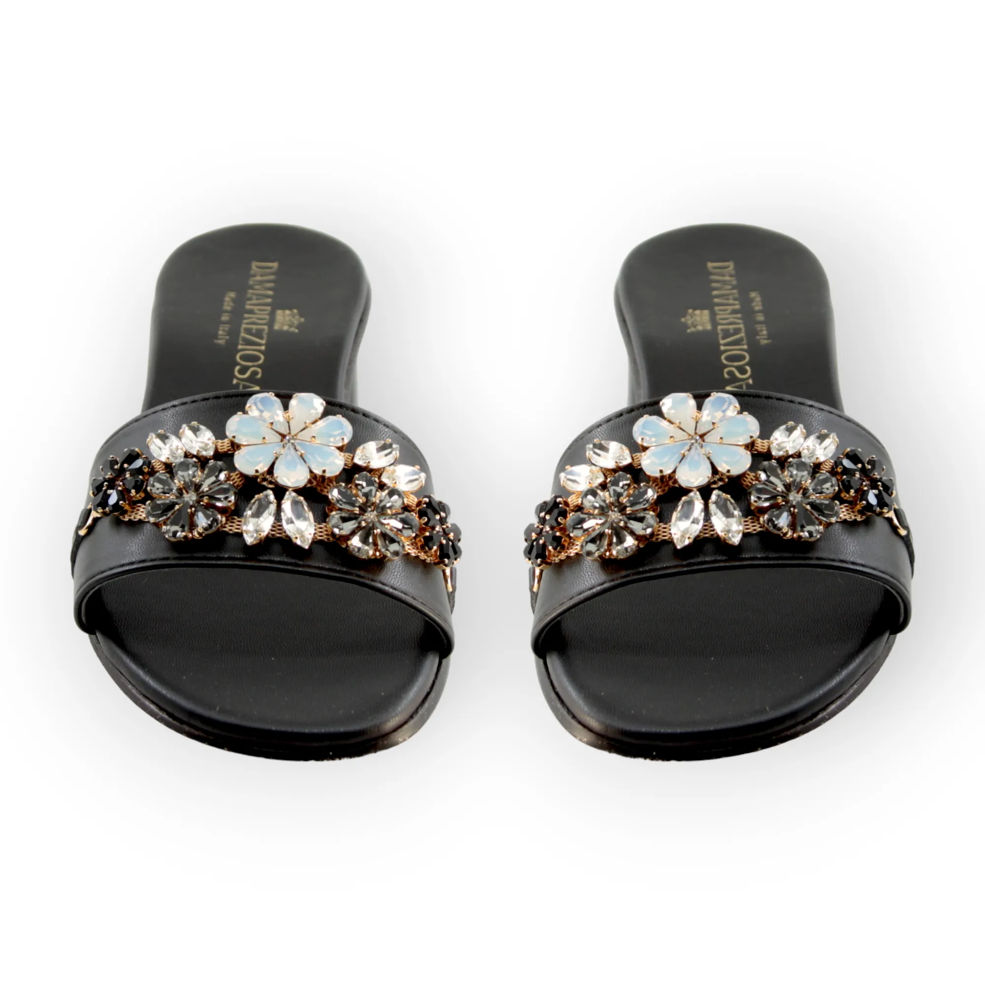 Flora Black Mule Sandals With Crystals