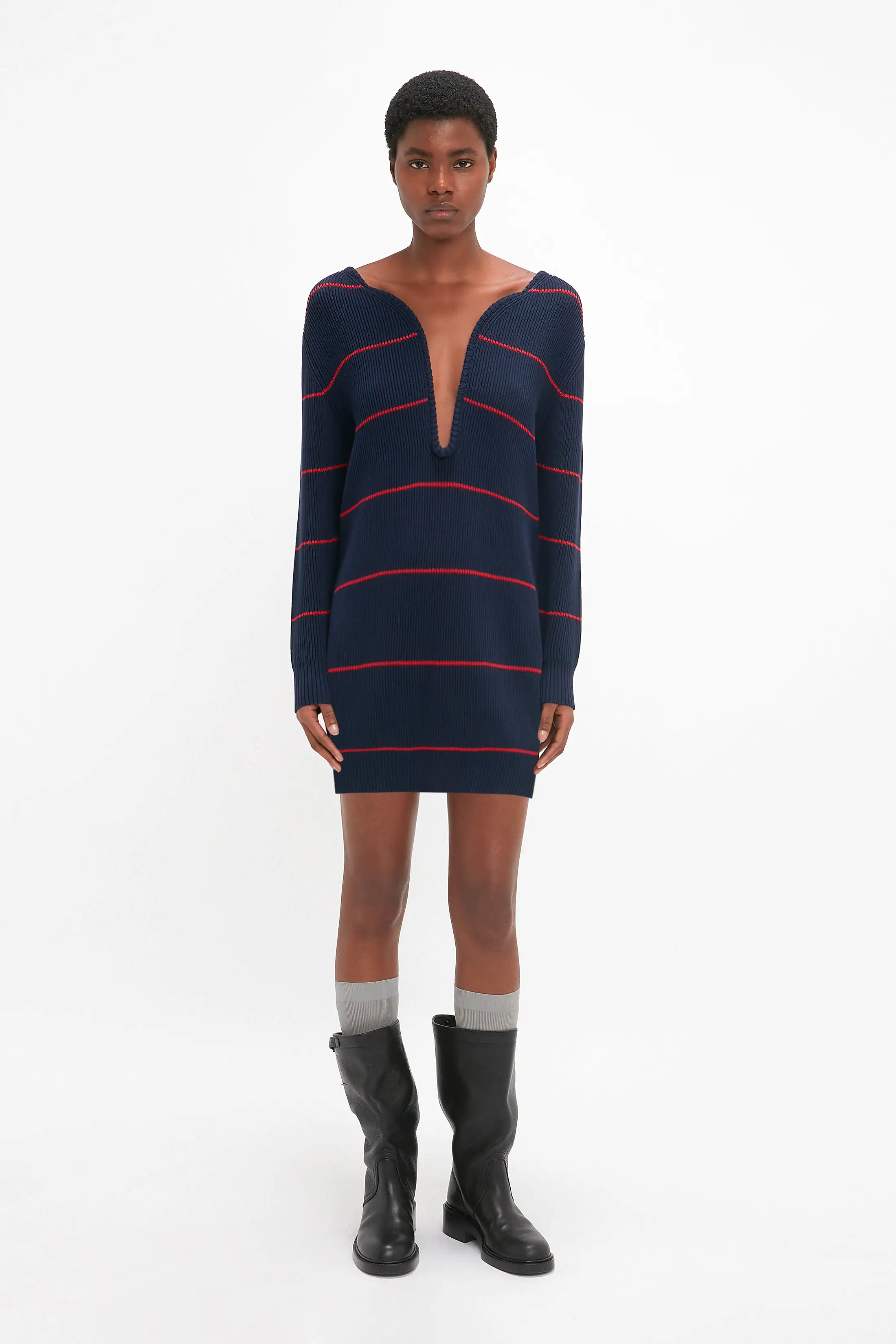 Frame Detail Jumper Dress In Navy-Red