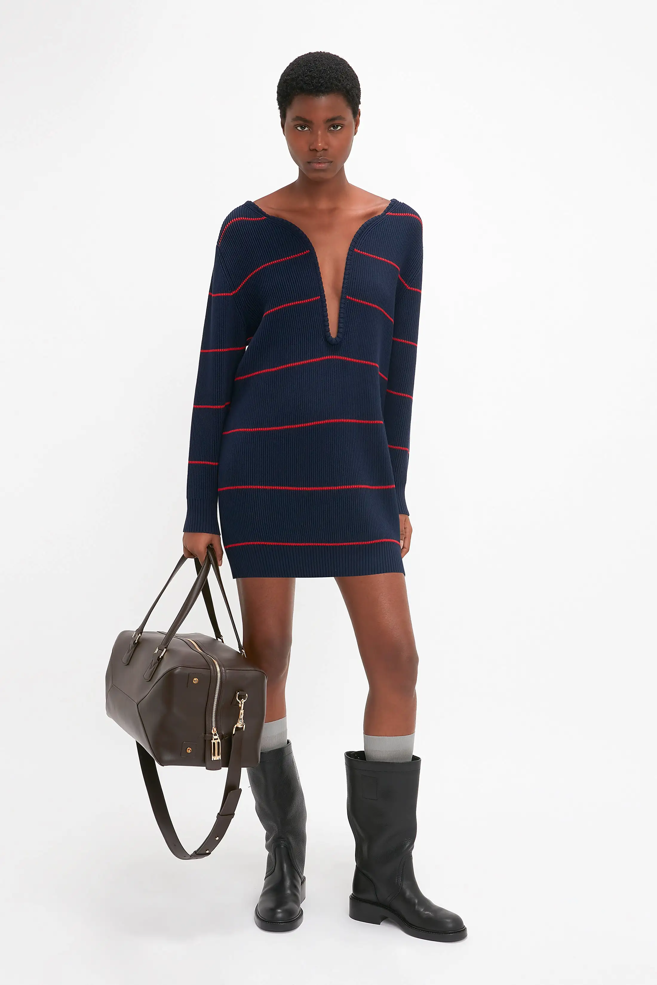 Frame Detail Jumper Dress In Navy-Red