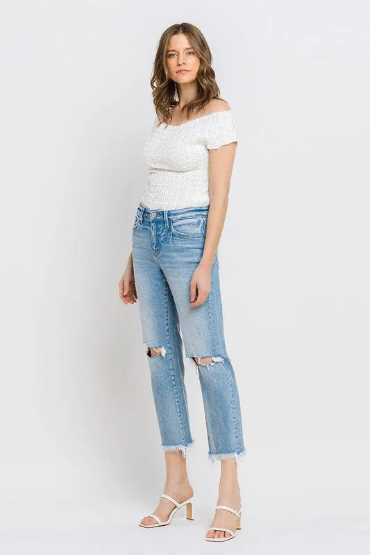 High Rise Frayed Hem Crop Straight Jeans