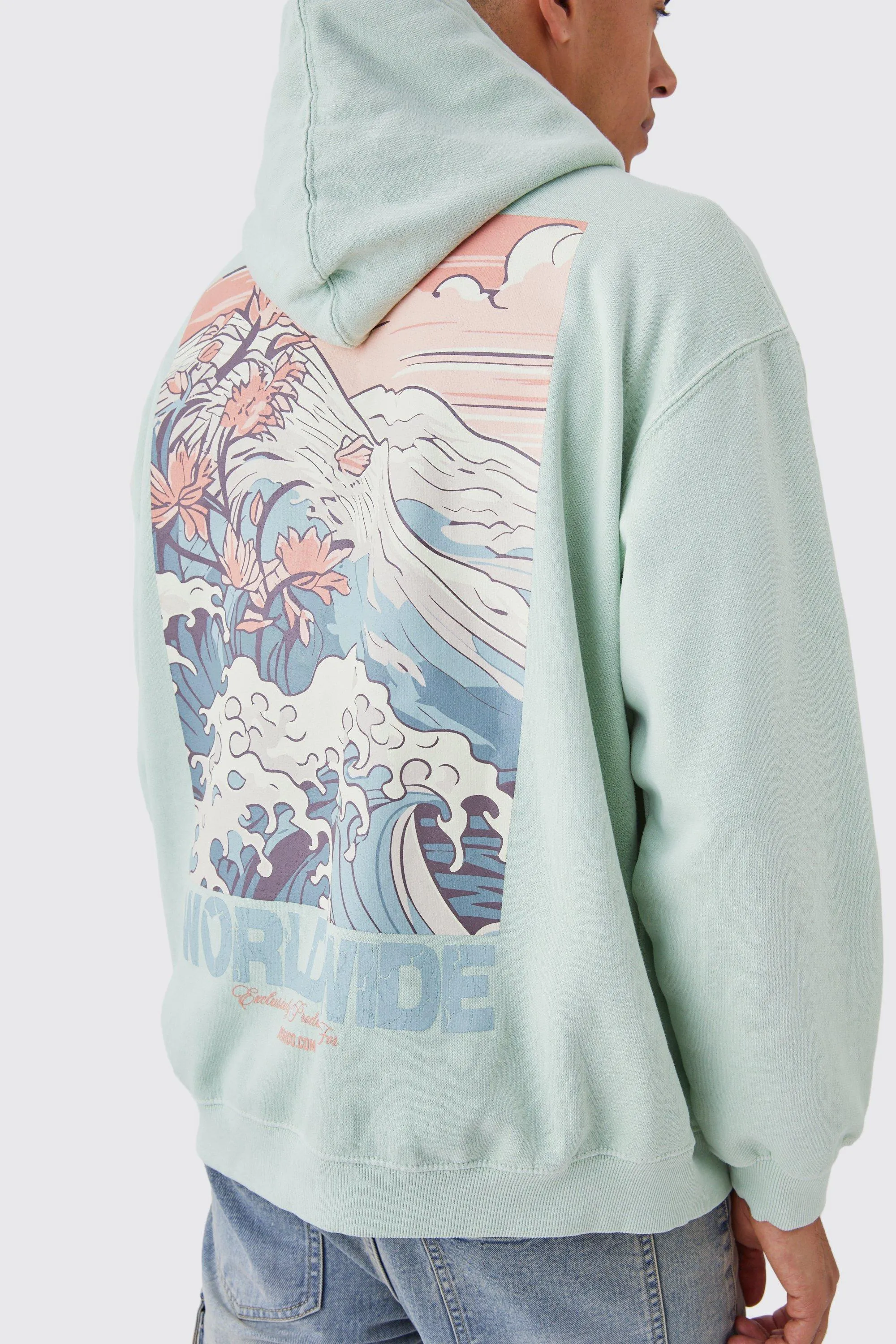 Hoodies & Sweatshirts | Oversized Overdye Wave Graphic Hoodie | boohooMAN