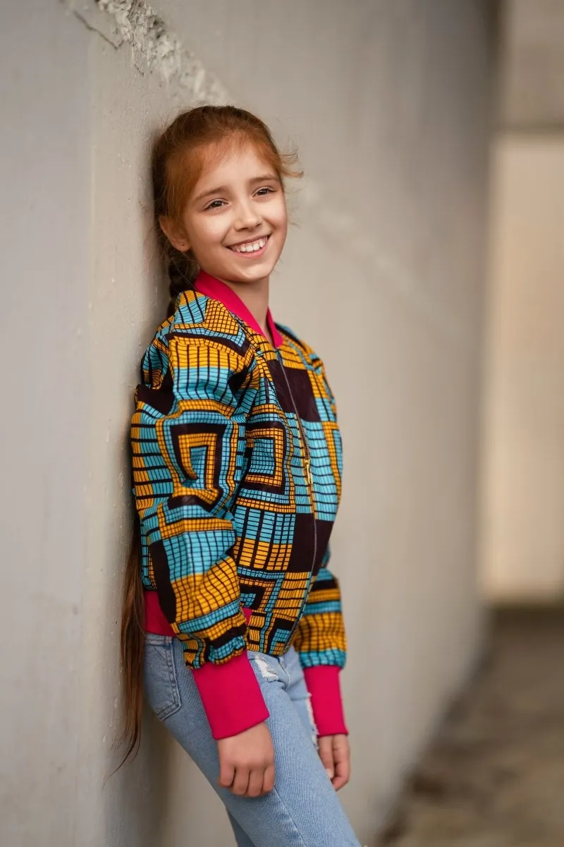 Kids African Bomber Jacket In Blue Kente