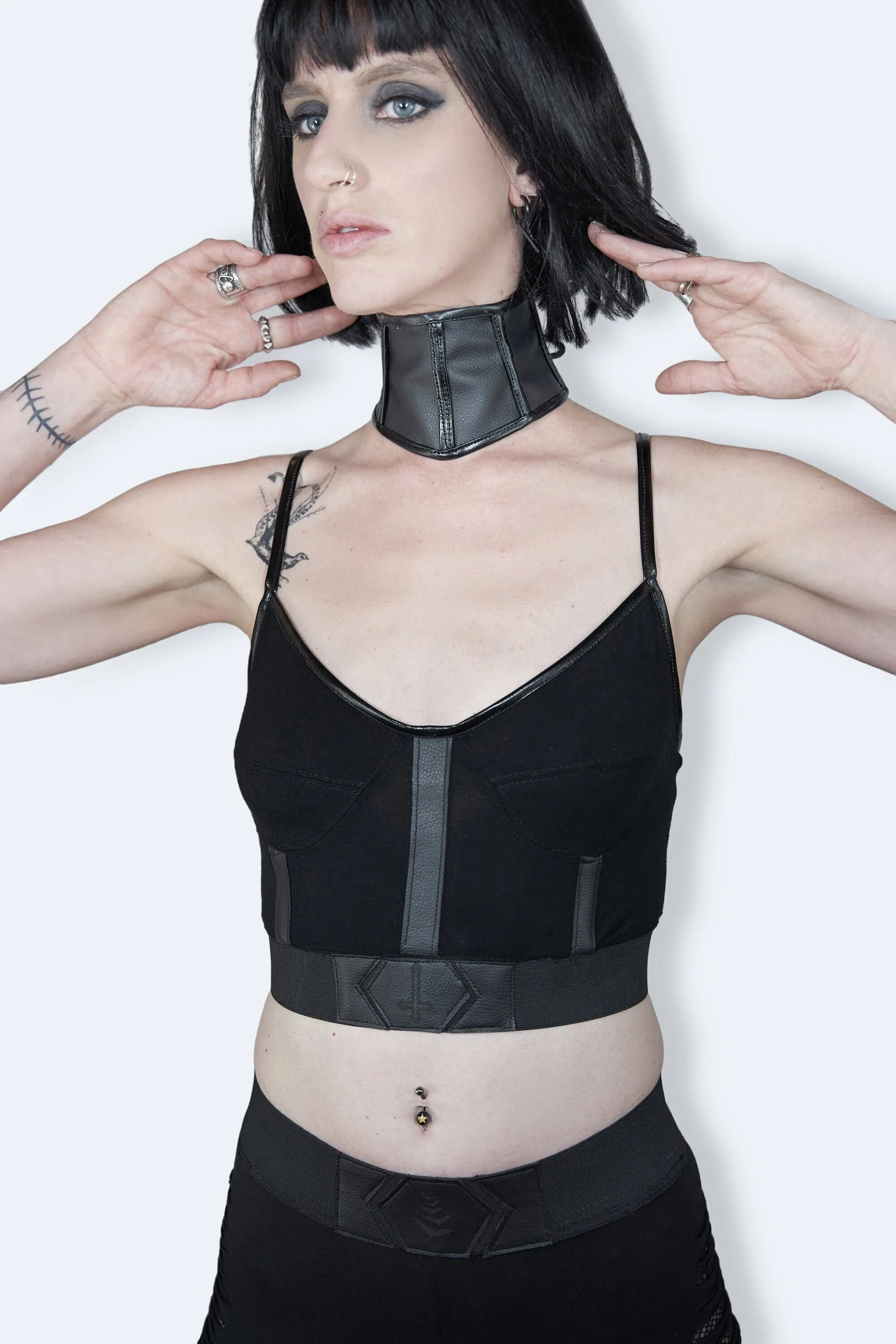 Leather harness laser engraved amulet crop top bustier