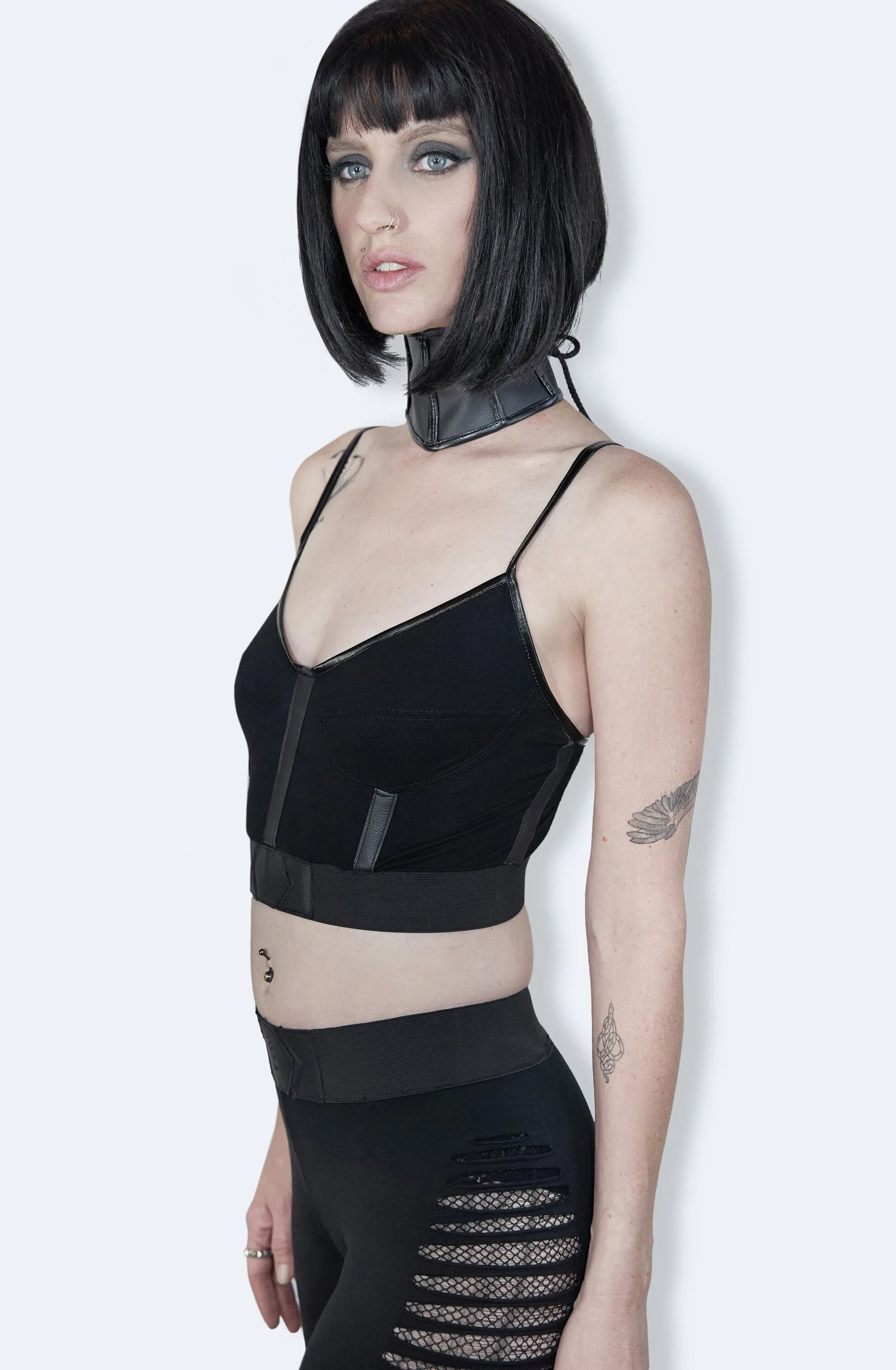 Leather harness laser engraved amulet crop top bustier