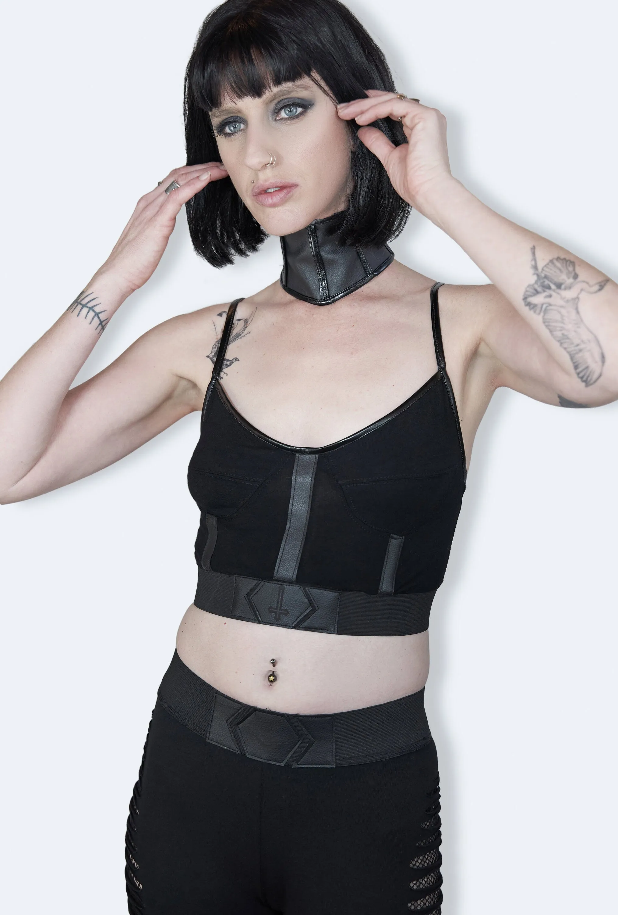 Leather harness laser engraved amulet crop top bustier