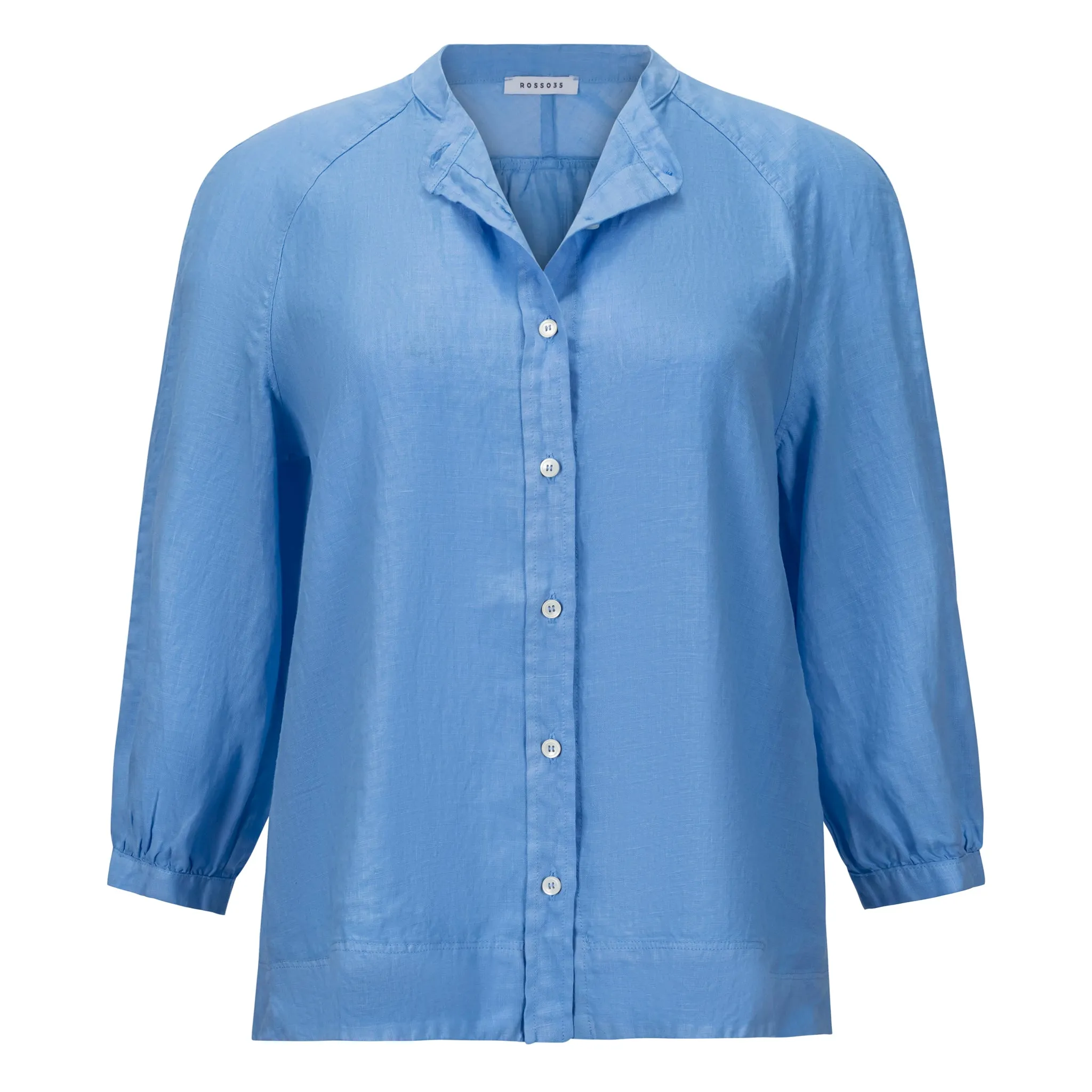 Linen 3/4 Raglan Sleeve Button Down Blouse - Blue