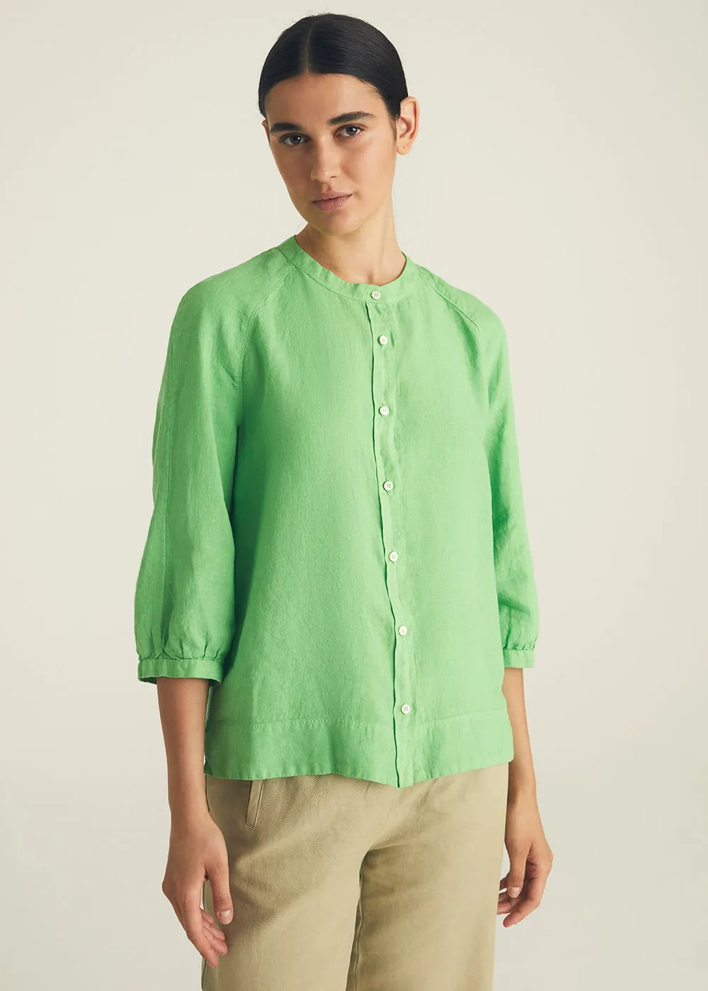 Linen 3/4 Raglan Sleeve Button Down Blouse - Blue