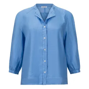 Linen 3/4 Raglan Sleeve Button Down Blouse - Blue