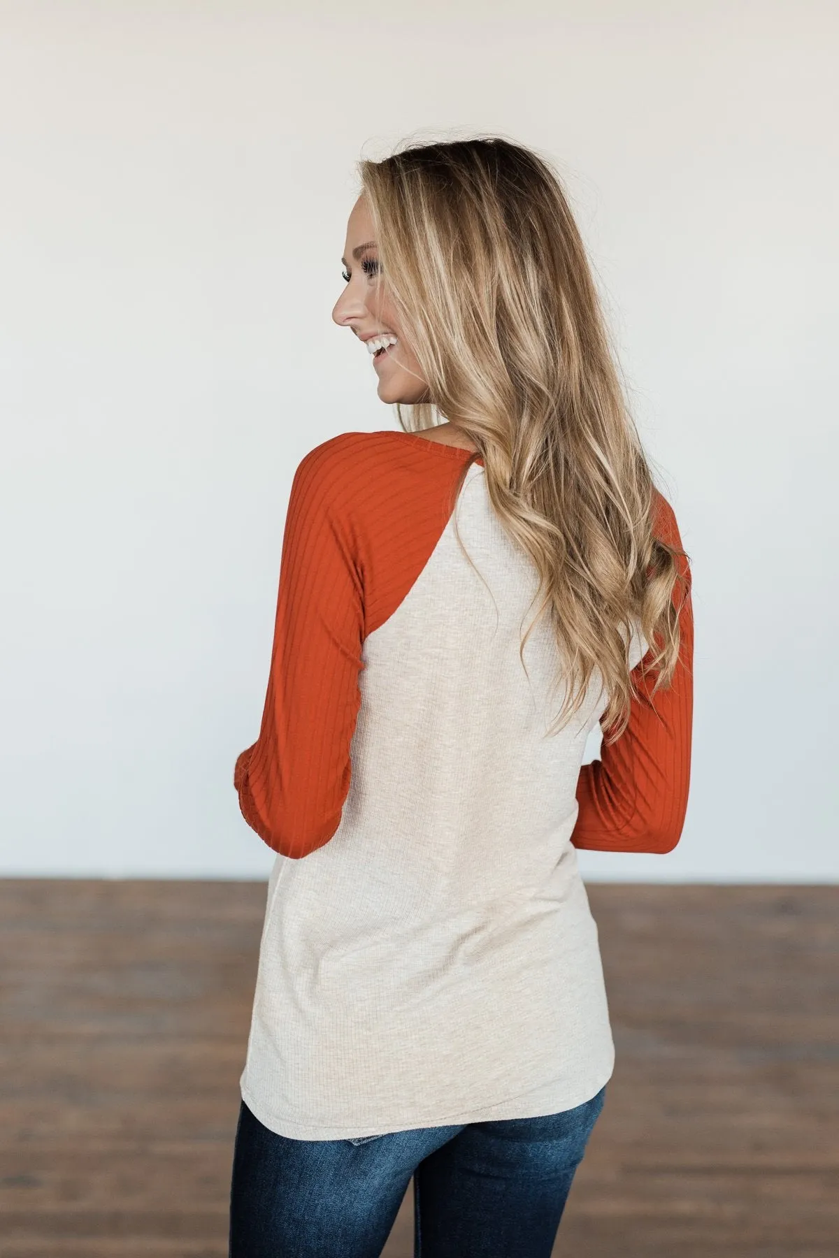 Live Your Life Long Sleeve Raglan Top- Oatmeal & Burnt Orange