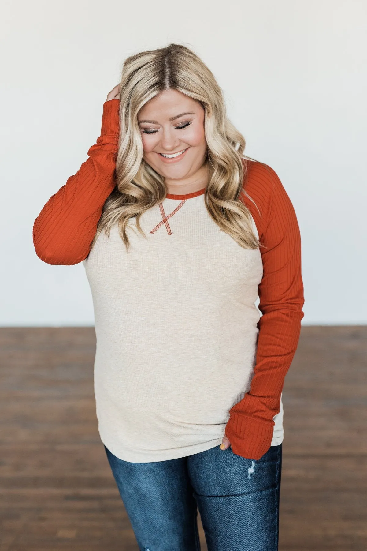 Live Your Life Long Sleeve Raglan Top- Oatmeal & Burnt Orange