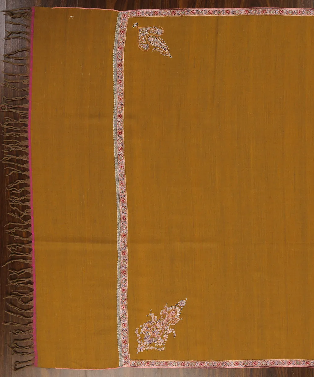 Mustard And Grey Handwoven Reversible Pure Pashmina Shawl With Sozni Kari Border And Corner Motif