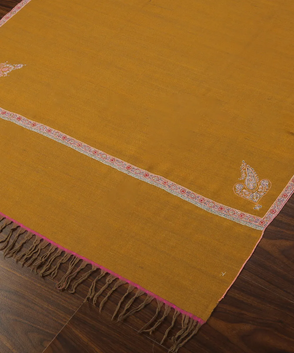 Mustard And Grey Handwoven Reversible Pure Pashmina Shawl With Sozni Kari Border And Corner Motif