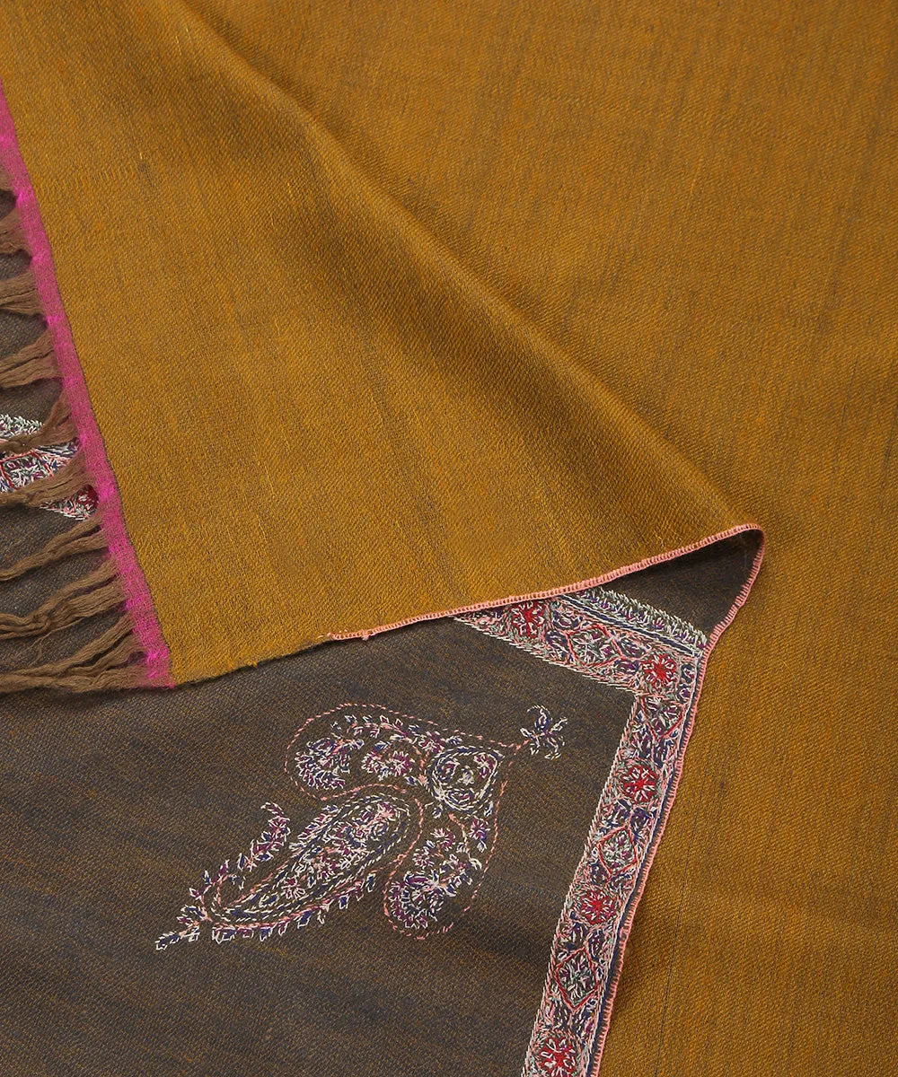 Mustard And Grey Handwoven Reversible Pure Pashmina Shawl With Sozni Kari Border And Corner Motif