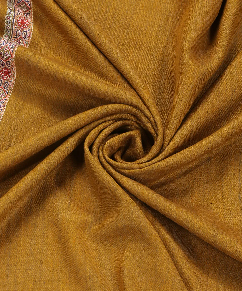 Mustard And Grey Handwoven Reversible Pure Pashmina Shawl With Sozni Kari Border And Corner Motif