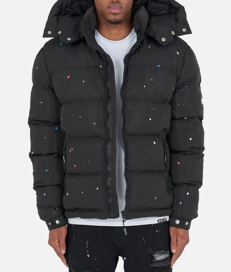 Nvlty Paint Puffer Jacket Black | Upto 30% Off