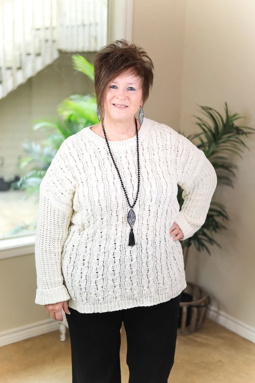 On My Level Chenille Cable Knit Pullover Sweater in Ivory