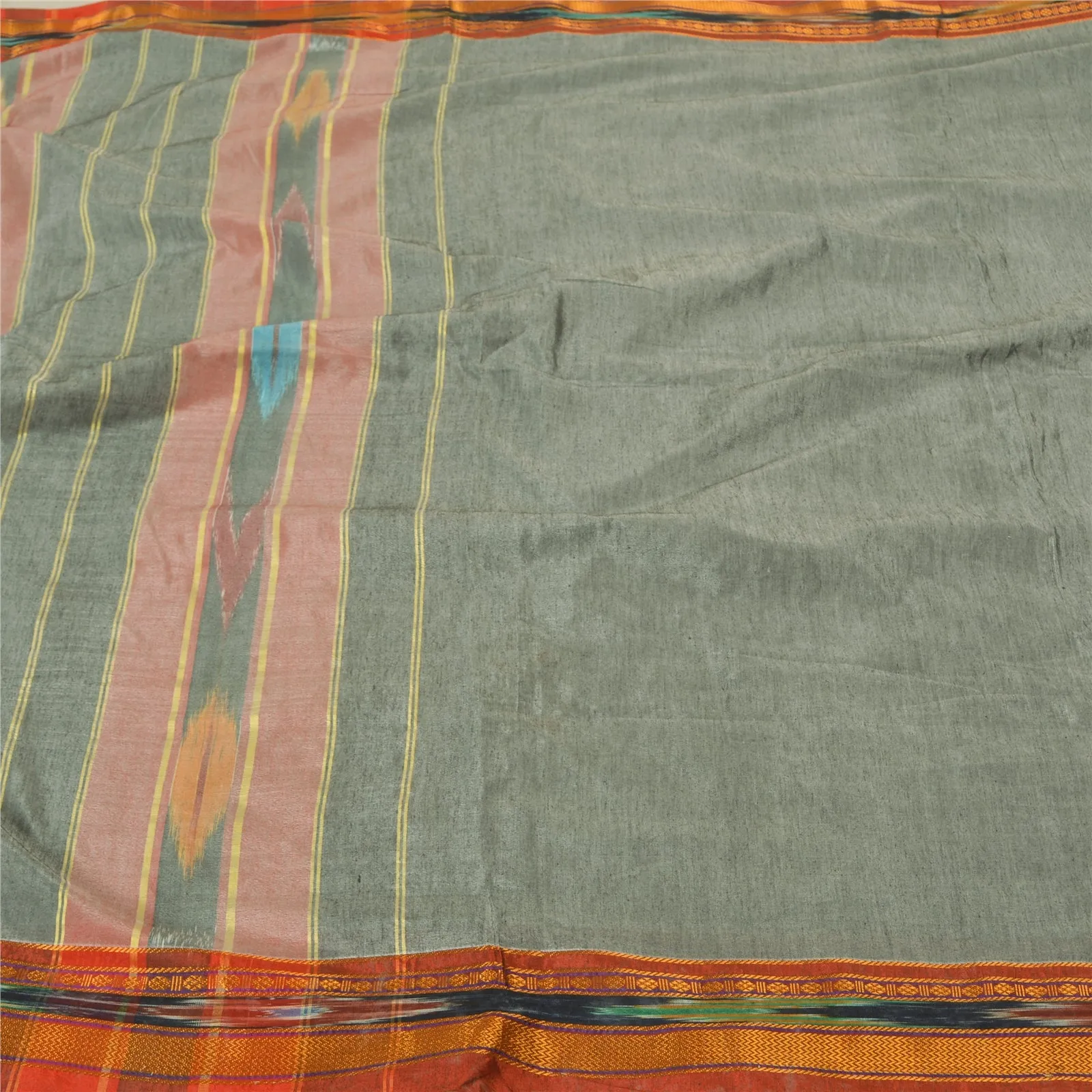 Sanskriti Vintage Grey Pochampally Ikat Sarees Handwoven Blend Silk Sari Fabric