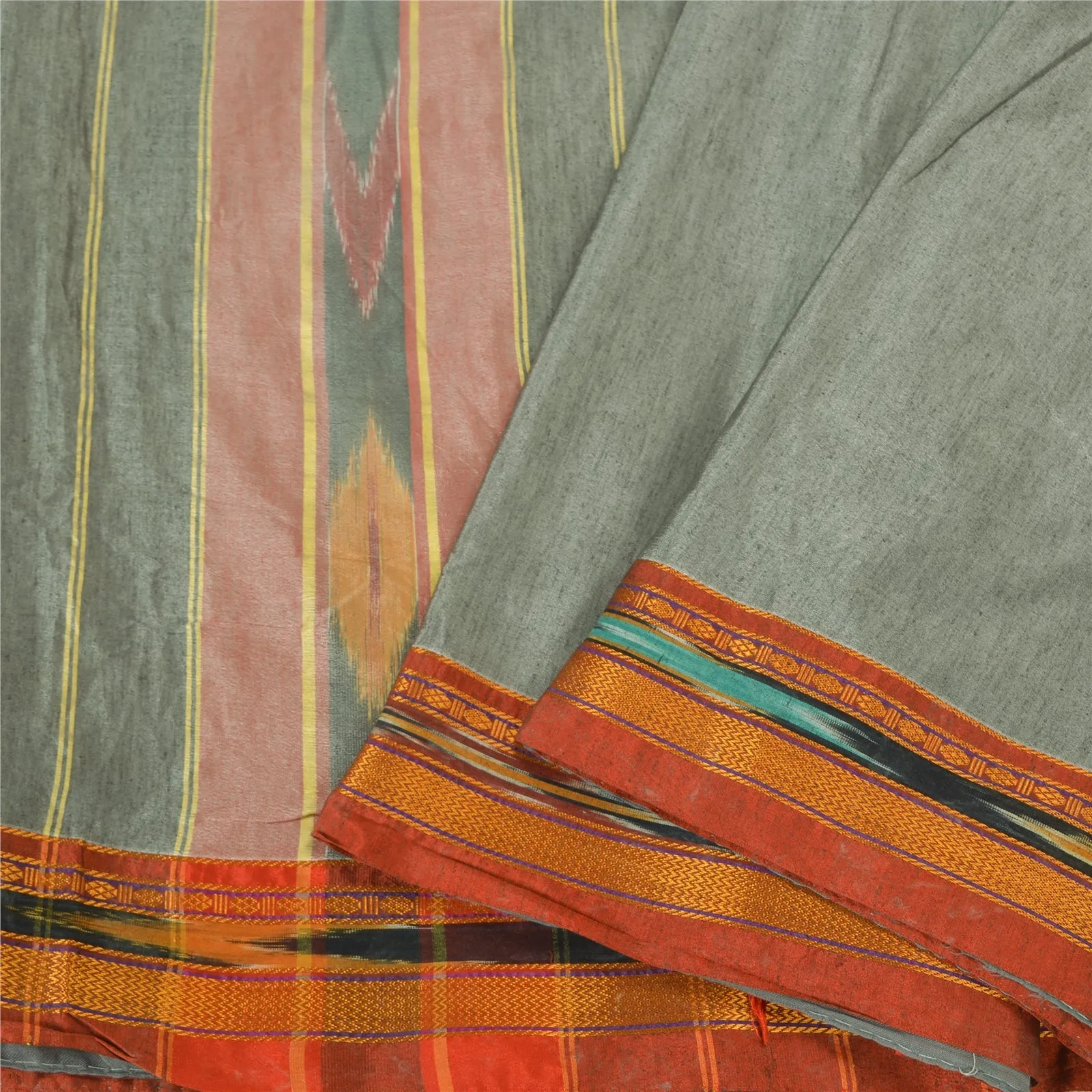 Sanskriti Vintage Grey Pochampally Ikat Sarees Handwoven Blend Silk Sari Fabric