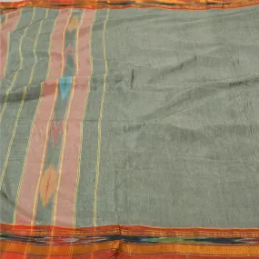 Sanskriti Vintage Grey Pochampally Ikat Sarees Handwoven Blend Silk Sari Fabric