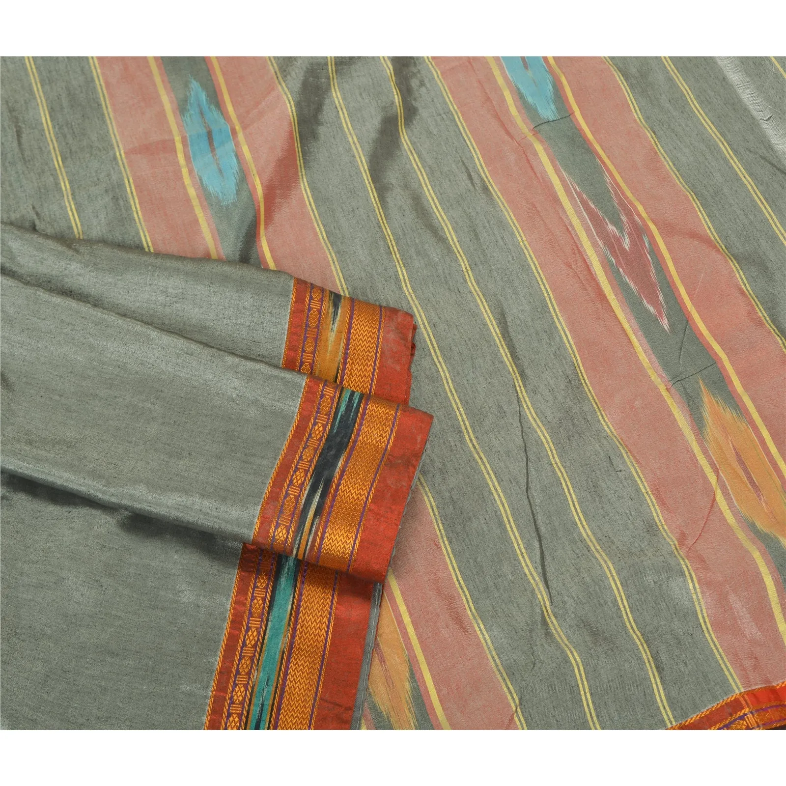 Sanskriti Vintage Grey Pochampally Ikat Sarees Handwoven Blend Silk Sari Fabric