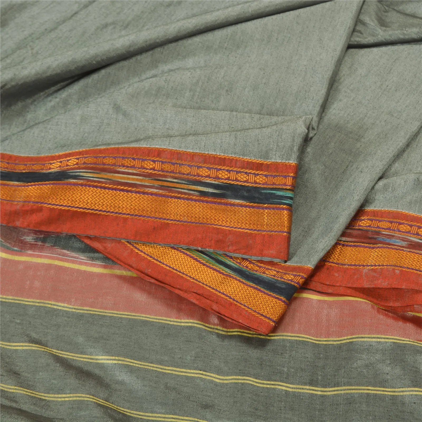 Sanskriti Vintage Grey Pochampally Ikat Sarees Handwoven Blend Silk Sari Fabric