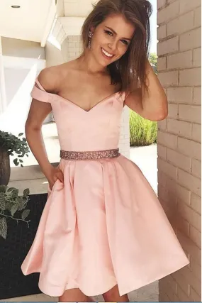 Shop Cute Blush Pink Off the Shoulder Short Prom Dress with Beading Waist