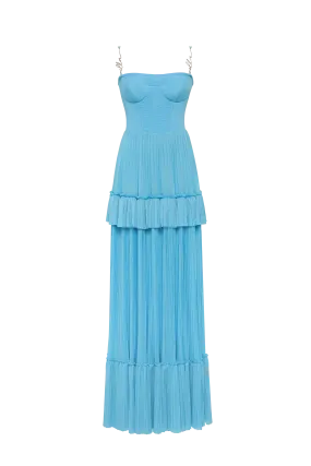 Sky-blue spaghetti strap pleated maxi dress, Garden of Eden