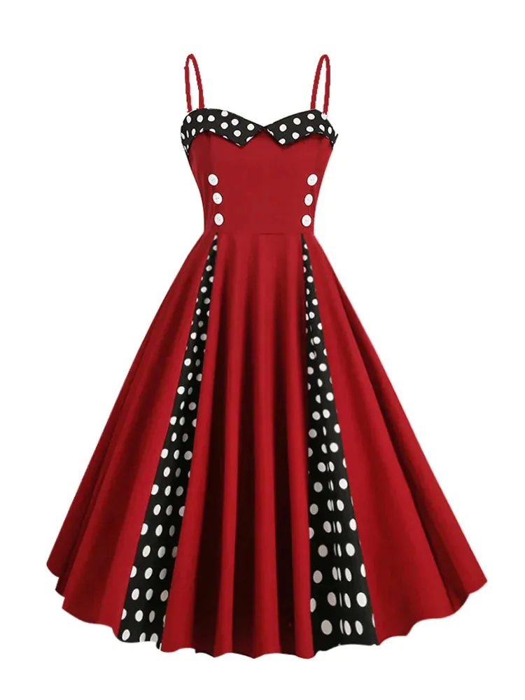 Sweetheart Neck Spaghetti Strap Double Breasted Long Dress 50s Pinup Vintage Polka Dot Ladies Party Sexy Dresses