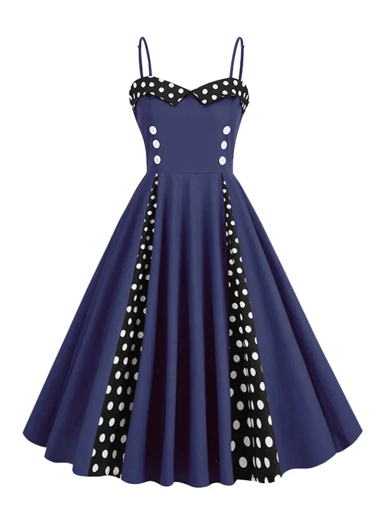 Sweetheart Neck Spaghetti Strap Double Breasted Long Dress 50s Pinup Vintage Polka Dot Ladies Party Sexy Dresses